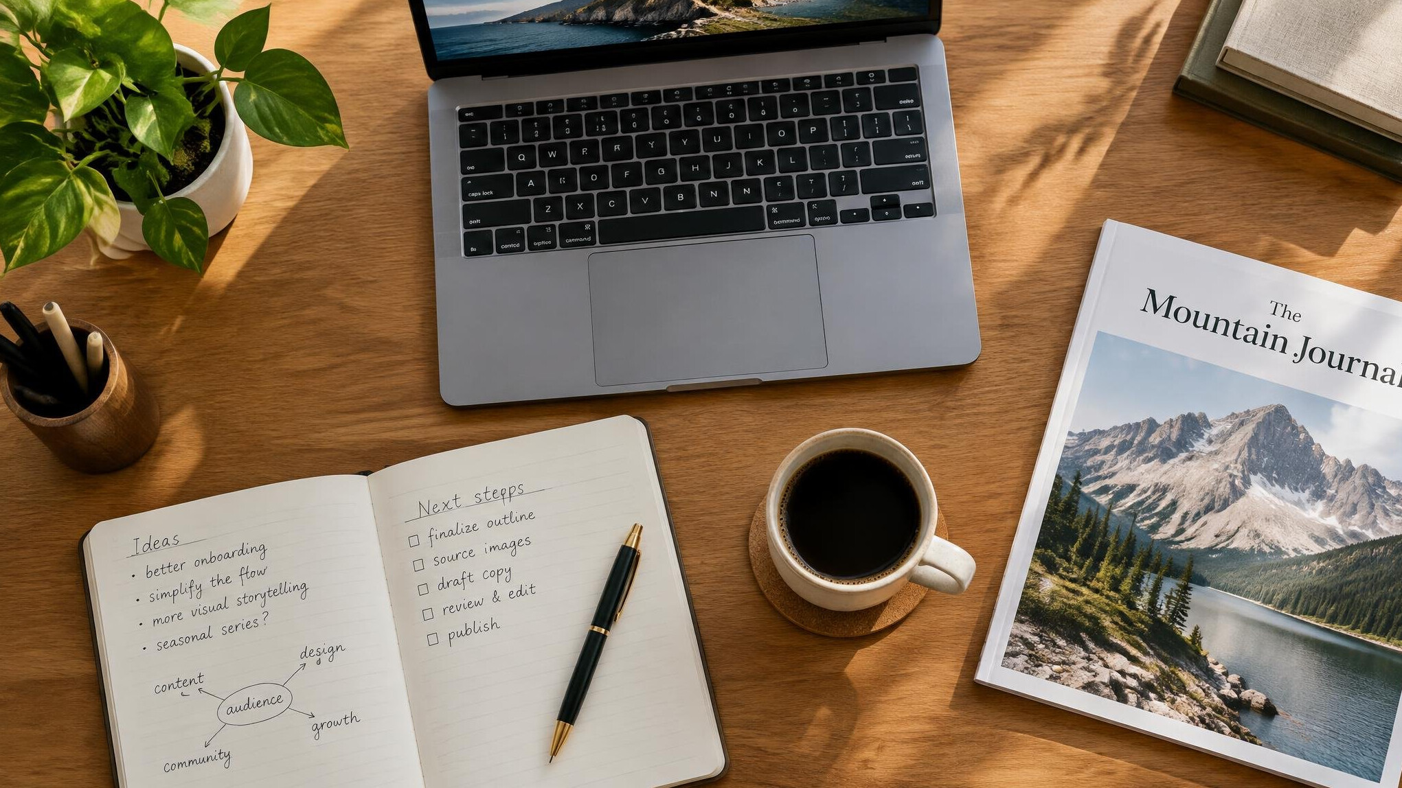 Editorial desk with laptop notebook and coffee